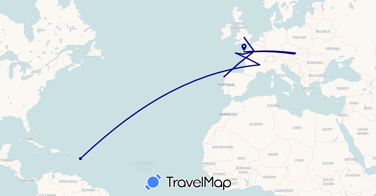 TravelMap itinerary: driving in Spain, France, United Kingdom, Guadeloupe, Slovakia (Europe, North America)